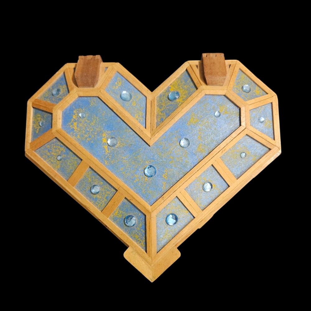 Handcrafted Indian Heart Shaped Wooden Jewelry Box Blue Inlay Folk Art
